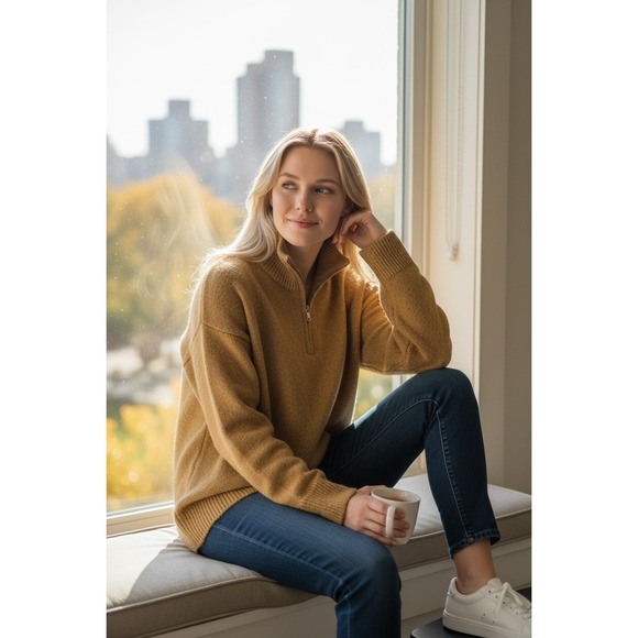 LILLUSORY Sweaters - Lillusory Mock Neck Quarter Zip Sweater Camel Textured Knit Cozy Medium